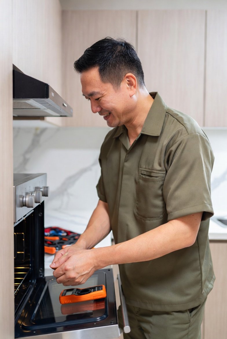 Harith Appliance Care technician completing a repair in a clean Singapore kitchen